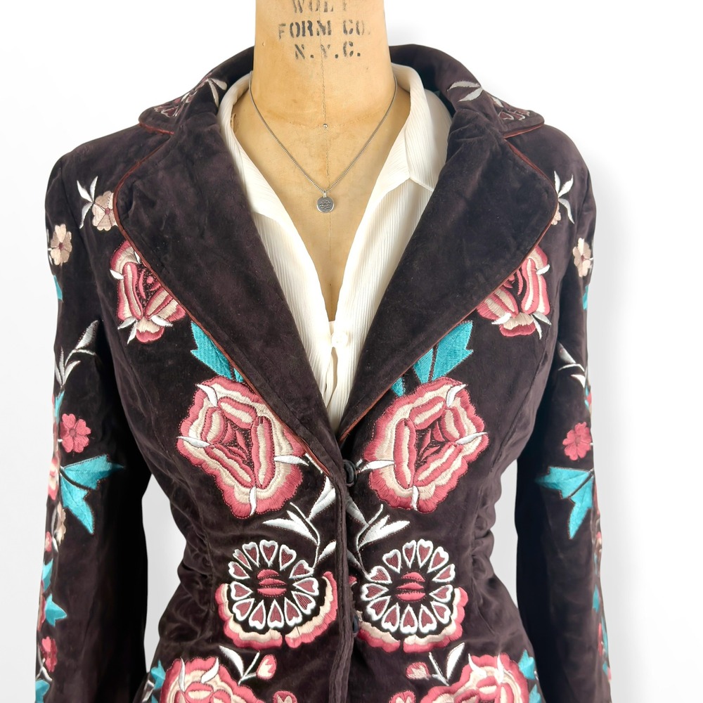 Vtg Cache Floral Embroidered Brown Velvet Fitted Blazer Jacket Sz 4 Y2K Western - Picture 9 of 12
